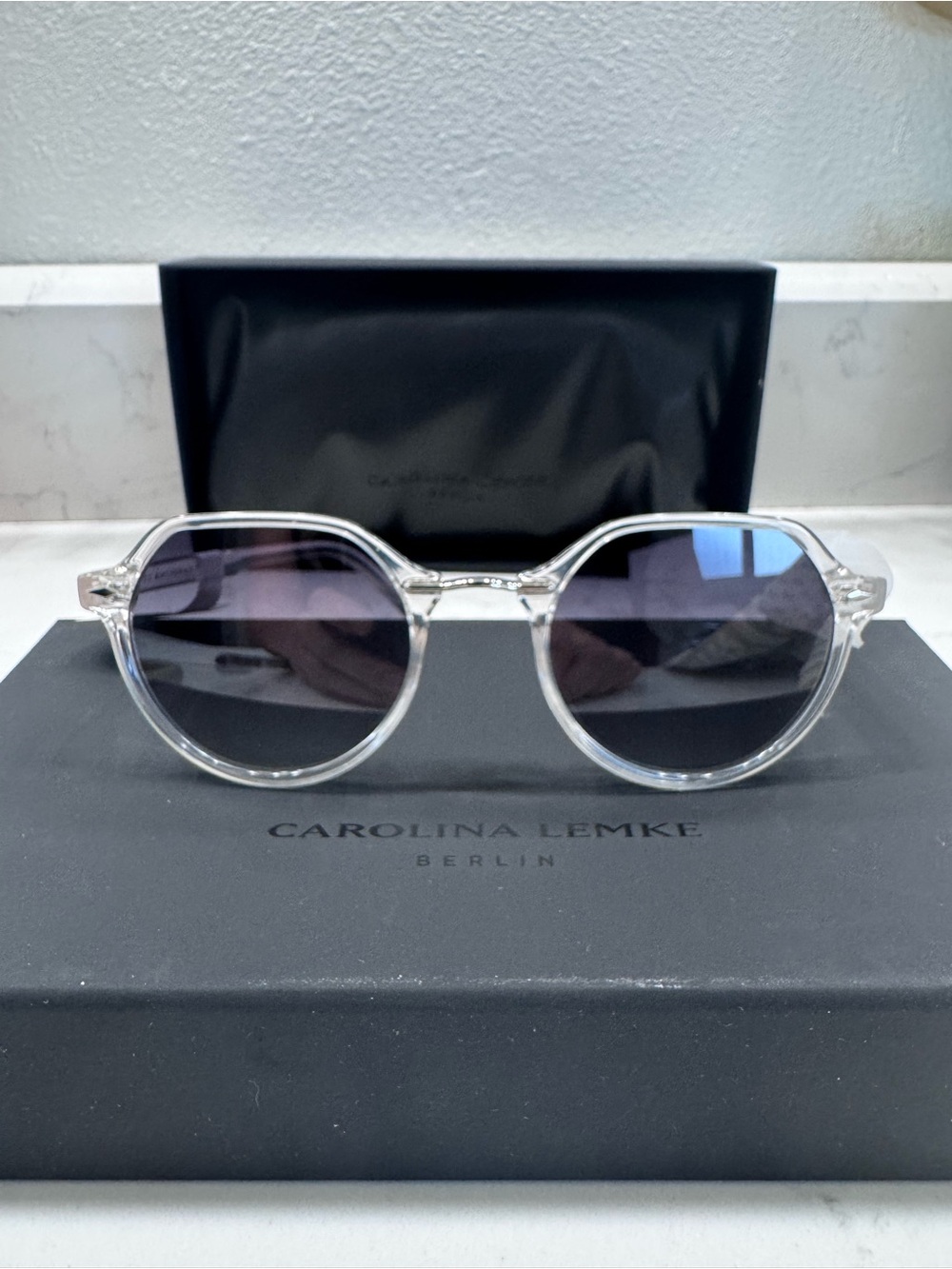 Carolina Lemke Clear Frame Sunglasses with Gray Lenses